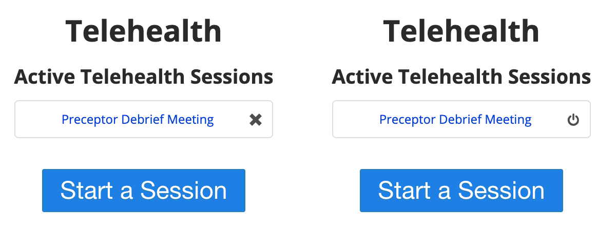 Session name appears below heading Active Telehealth Sessions.
