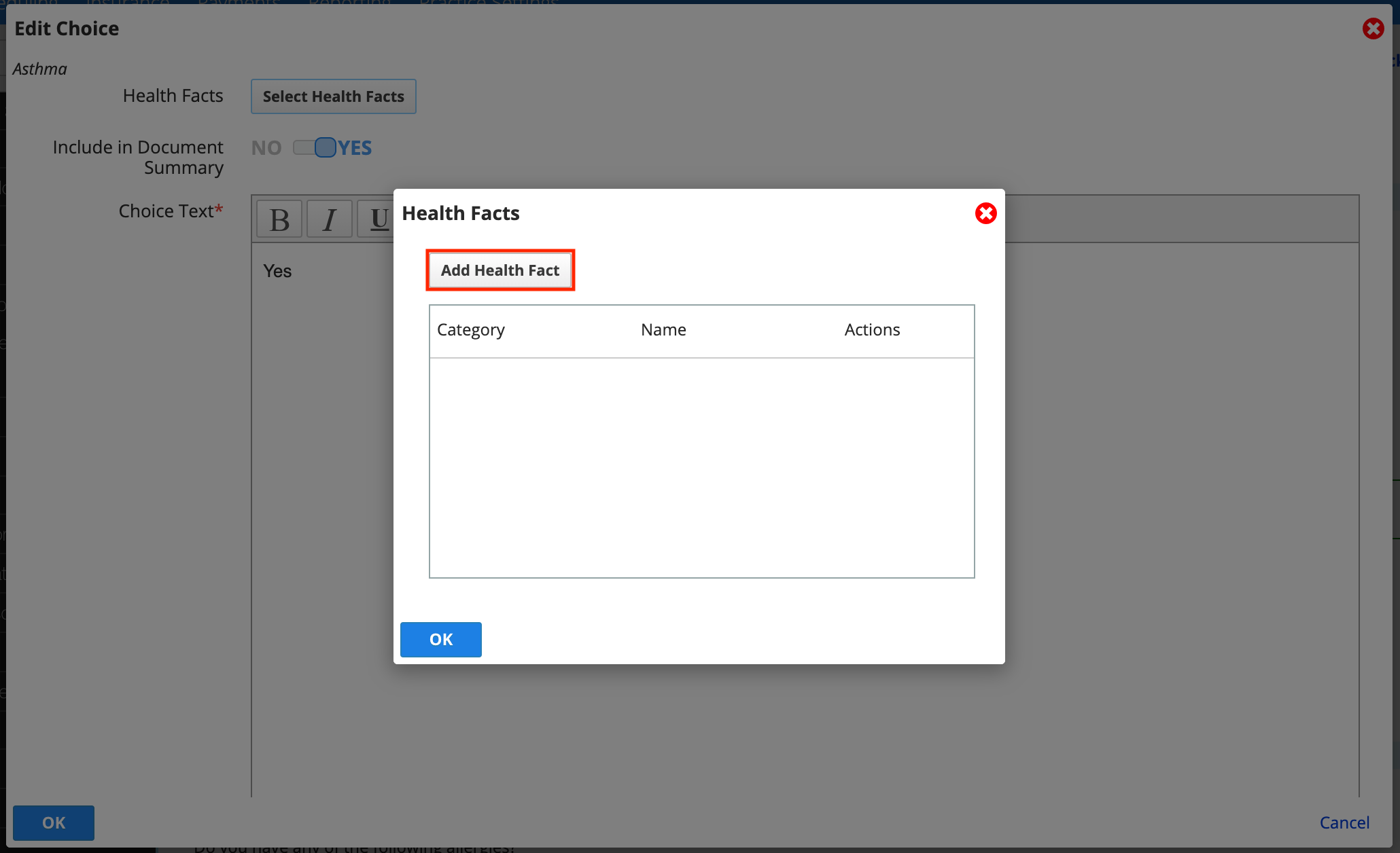The add health fact button is in the top left corner of the dialog.