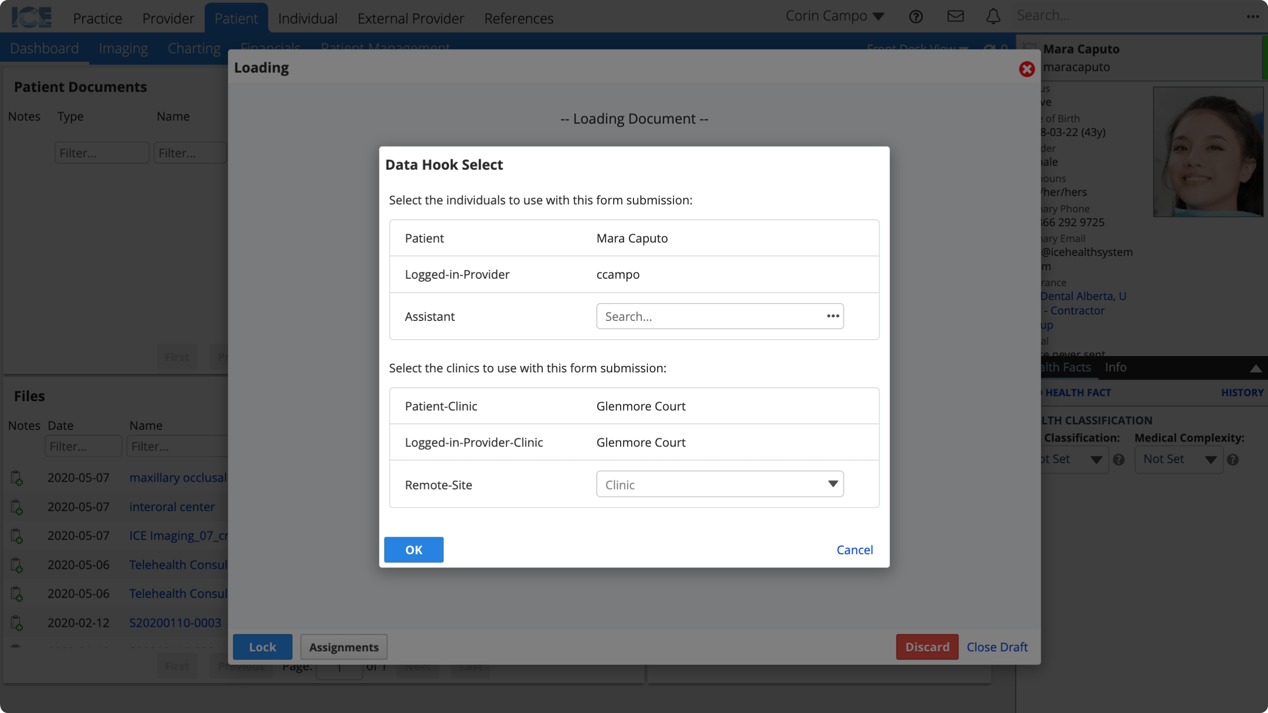 The data hook select dialog shows a section for people up top and one for clinics below. It also displays the system-default data hook type selections