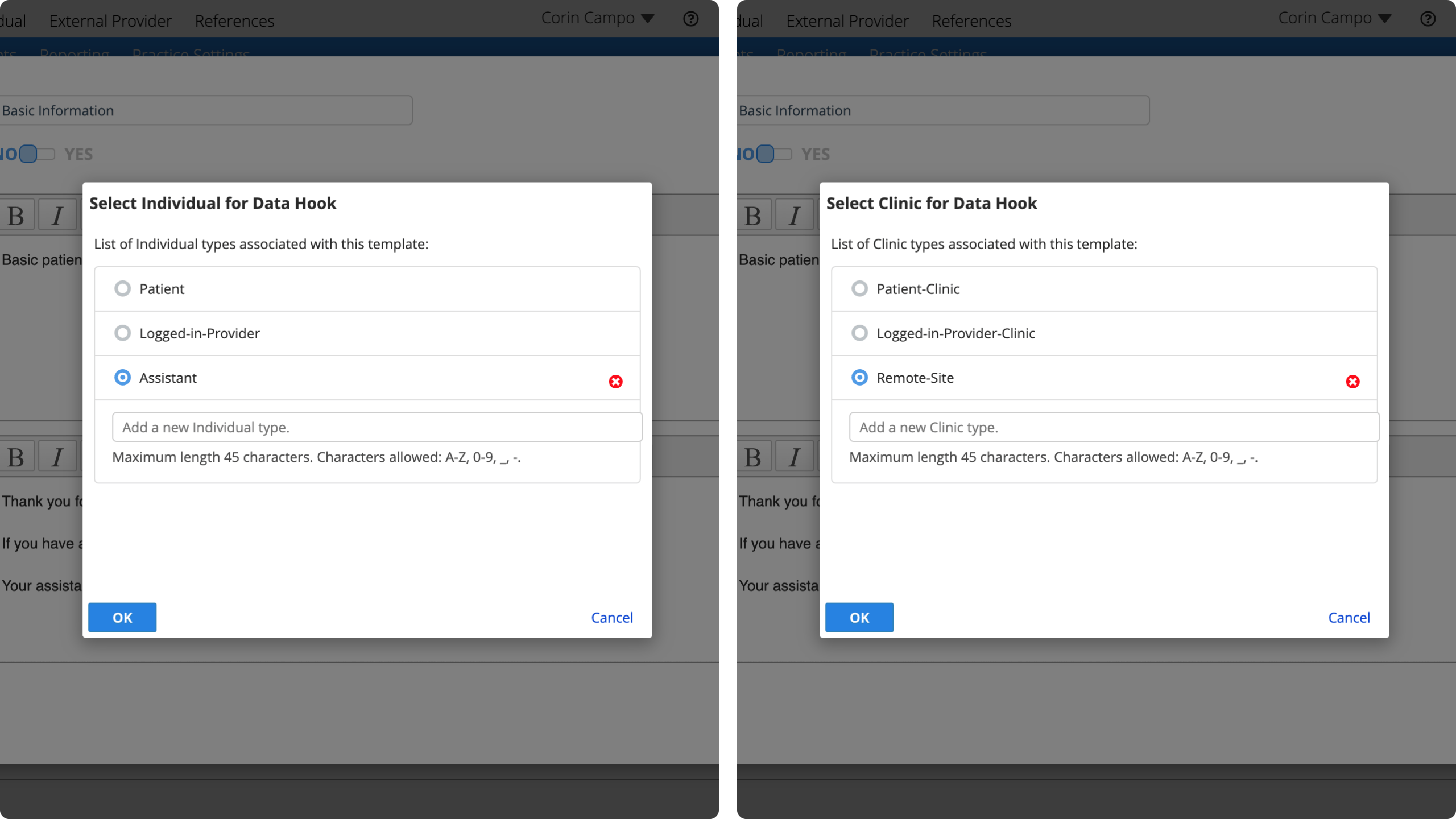Patient and logged-in-provider are always the first two options above custom types for both individual and clinic data hooks.