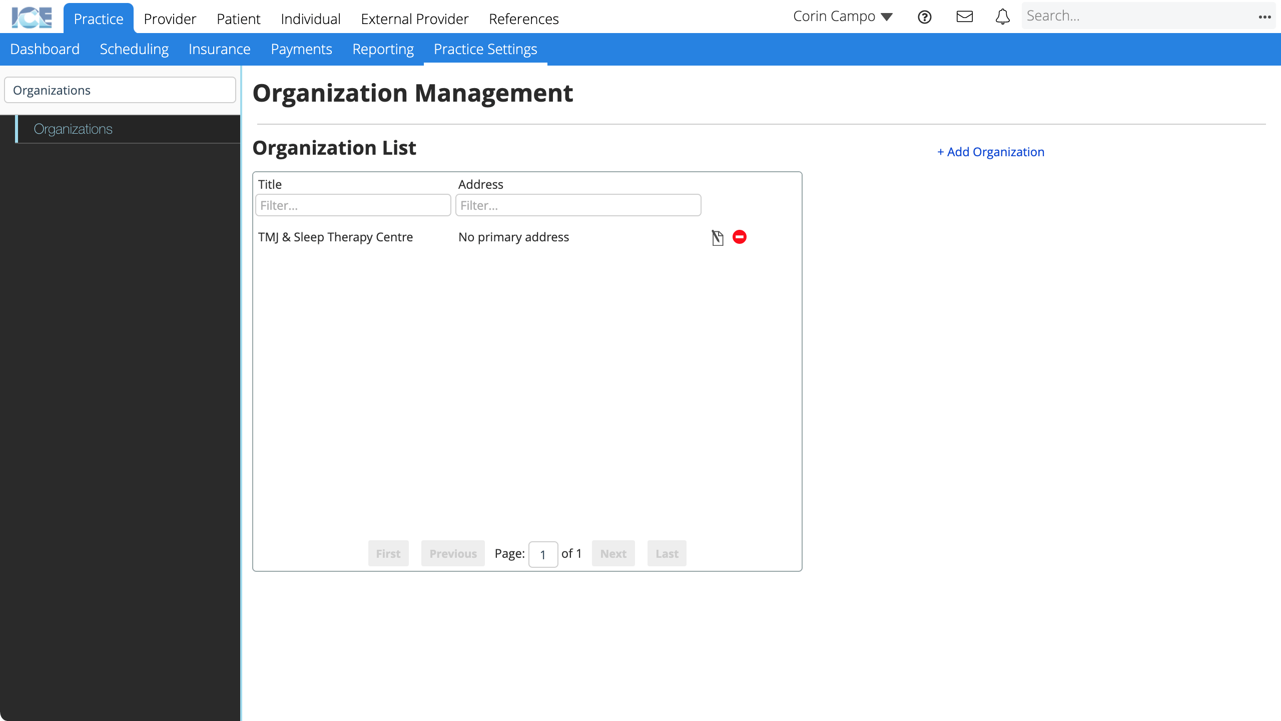 The add organization button is in the top right corner of the organization workspace.