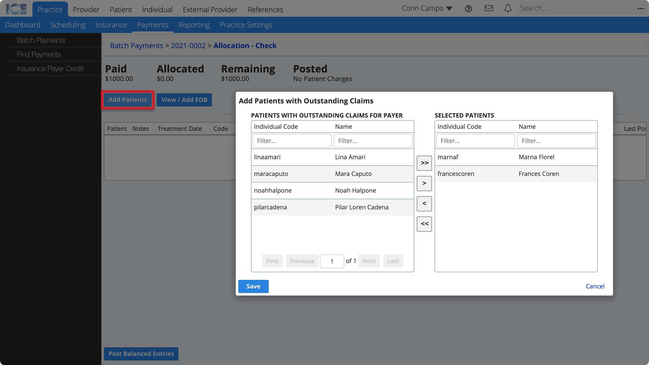 The Add Patients button is in the top left of the workspace. The Add Patients selection dialog shows two tables. Patients With Outstanding Claims For Payer on the left, and Selected Patients on the right. The buttons between the tables let you move all or specific patients left and right.
