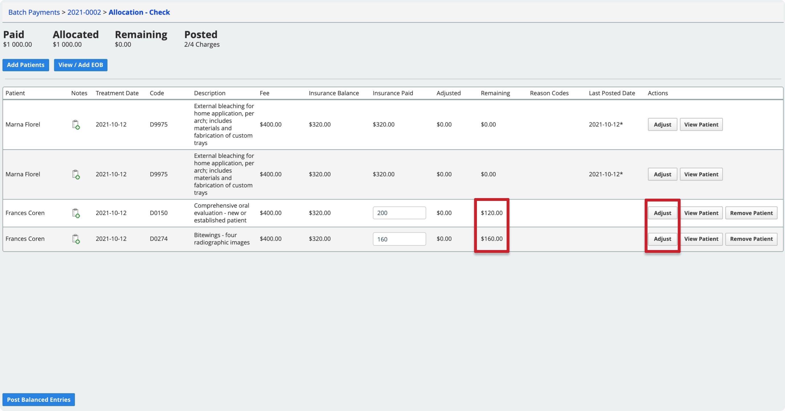 The Adjust button is on the far right of the table for each payment line. To find underpaid lines that need to be adjusted, look for remaining amounts larger than zero.