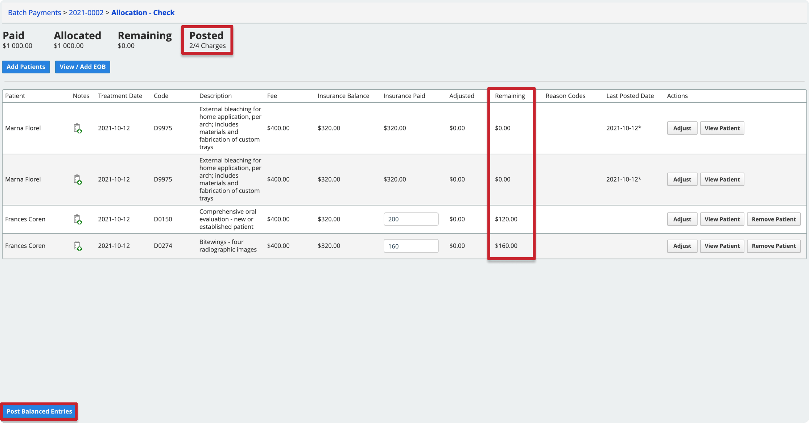 The Post Balanced Entries button is in the bottom left. After posting an allocation the insurance paid field is not editable.