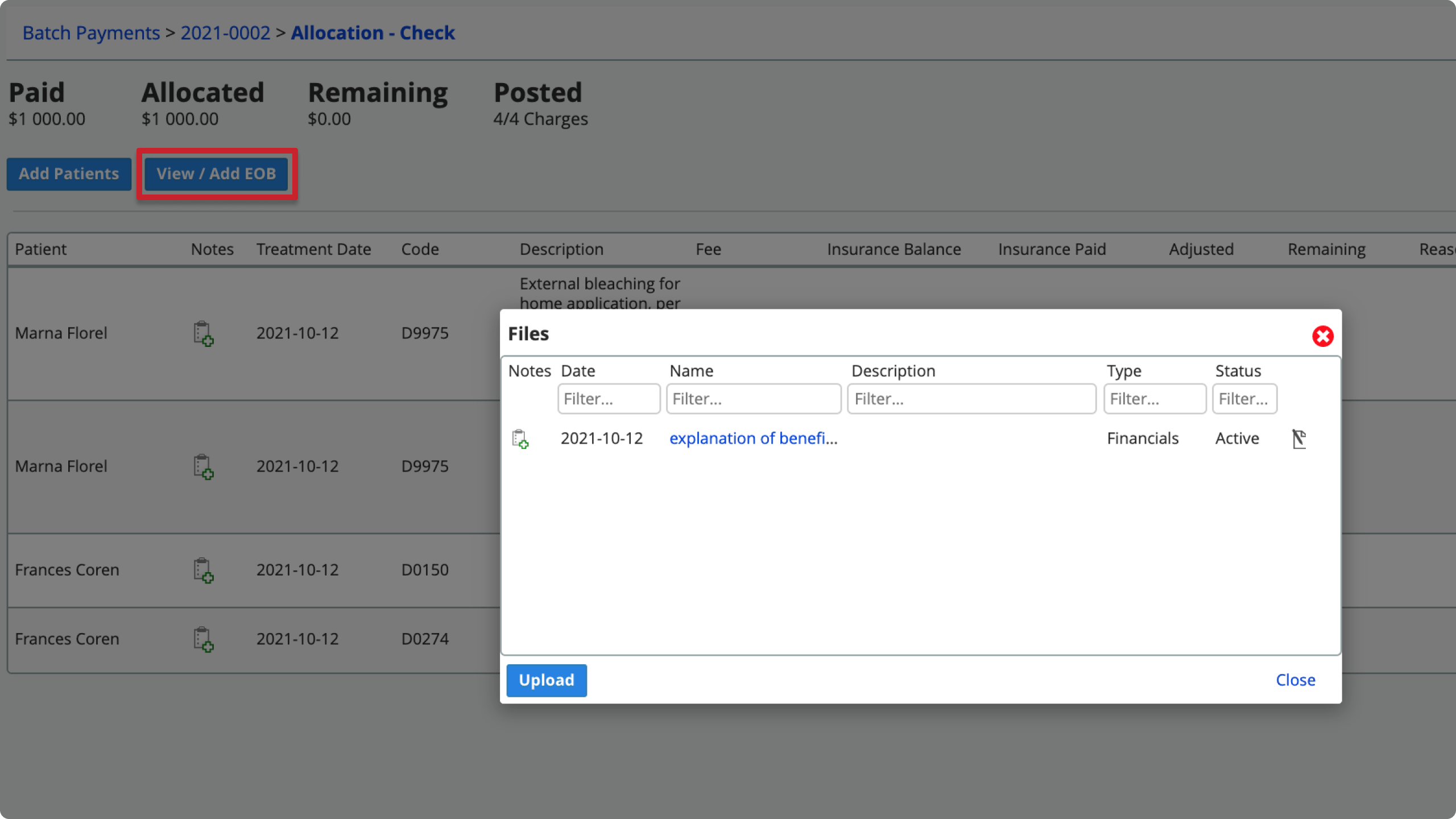 The View / Add EOB button is above the allocation data grid, in the top left corner of the workspace, to the right of the Add Patients button.