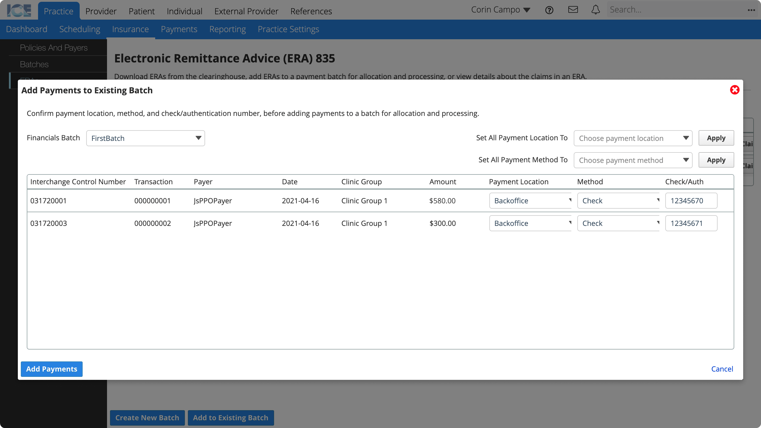 The Add Payments to Batch dialog displays a table of the payment details you selected, with options to choose a Batch, and to set Payment Locations and Payment Methods.