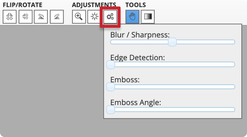 Hover the gear icon to see blur/sharpness, edge detection, emboss, and emboss angle sliders.