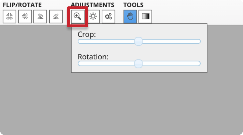 Hover the magnifying glass icon to see crop and rotation sliders.
