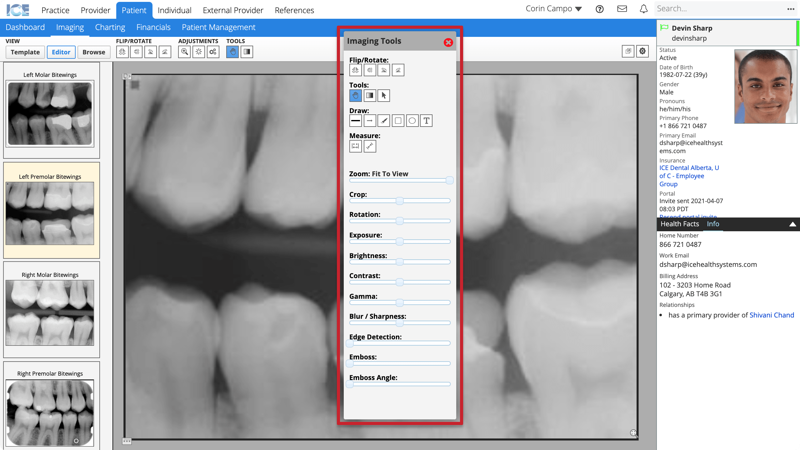 The imaging tools palette floats in the middle of the workspace.